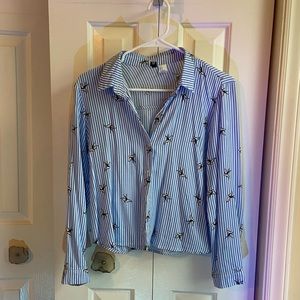 H&M Cropped Blue Striped Button Down Shirt with Birds